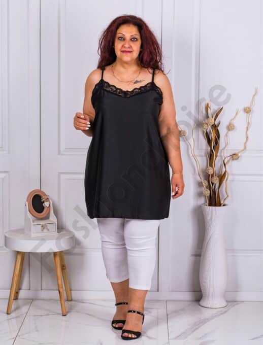 Plus size μακρύ σατέν τοπ με δαντέλα-μαύρο-κωδ 23034
