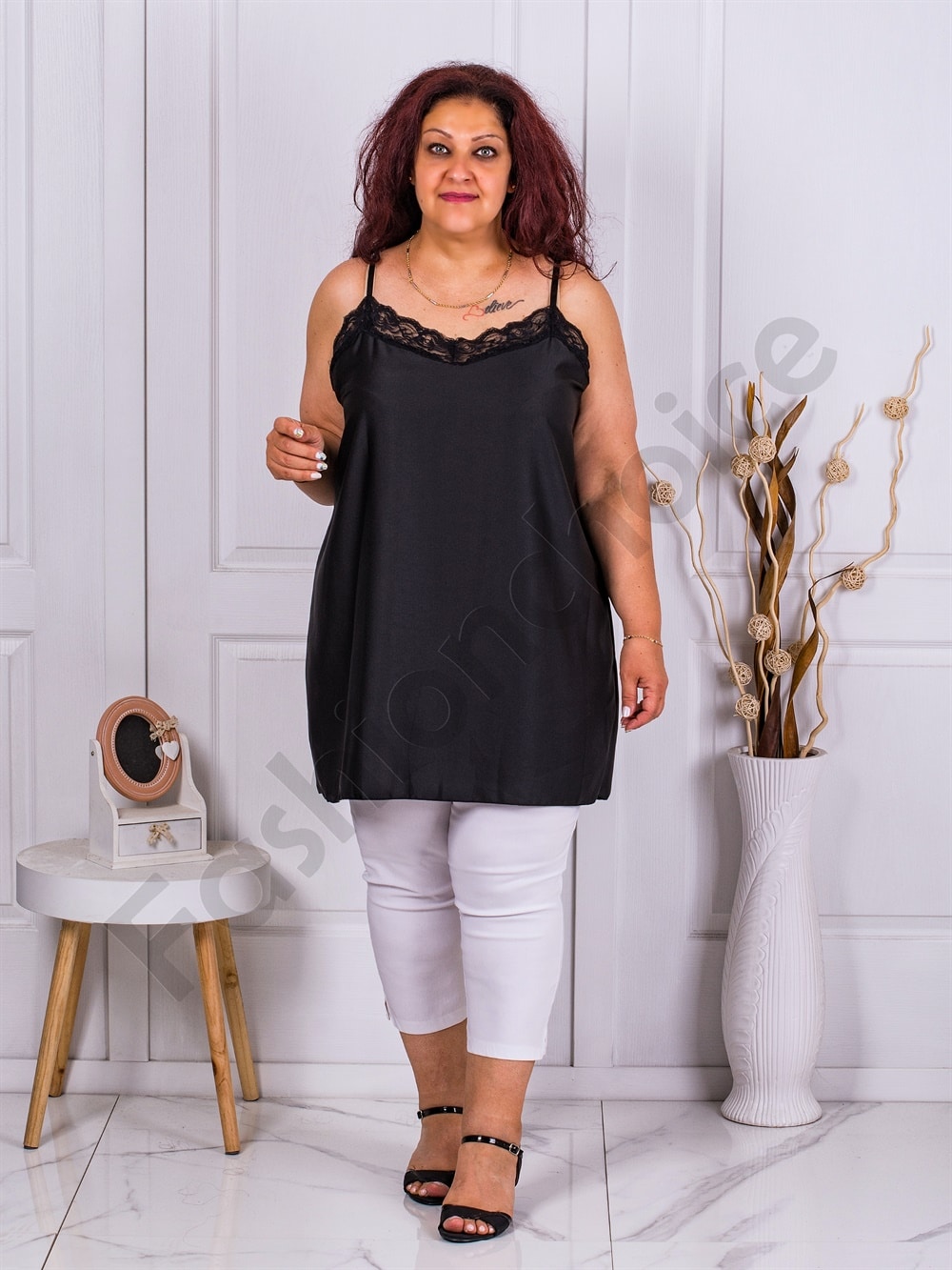 Plus size μακρύ σατέν τοπ με δαντέλα-μαύρο-κωδ 23034
