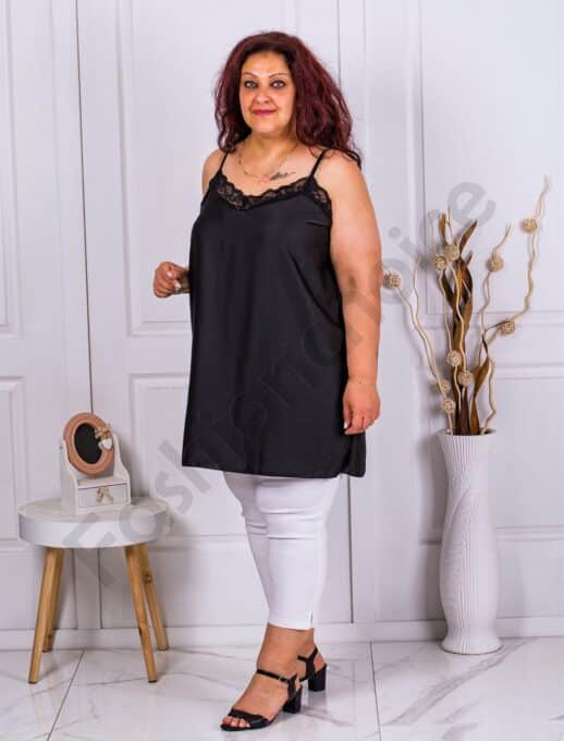 Plus size μακρύ σατέν τοπ με δαντέλα-μαύρο-κωδ 23034