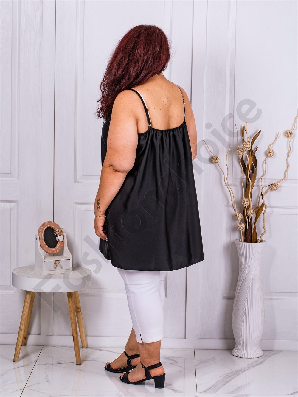 Plus size μακρύ σατέν τοπ με δαντέλα-μαύρο-κωδ 23034