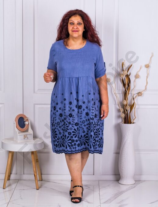Plus size λινό φόρεμα με κεντημένα λουλούδια-μπλε-κωδ 1116
