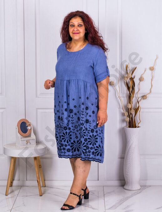 Plus size λινό φόρεμα με κεντημένα λουλούδια-μπλε-κωδ 1116