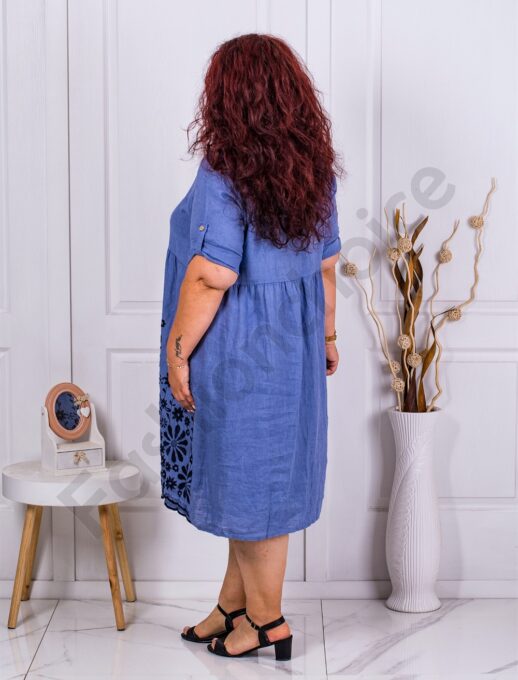 Plus size λινό φόρεμα με κεντημένα λουλούδια-μπλε-κωδ 1116