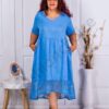 Plus size λινό φόρεμα με δαντέλα στο τελείωμα-τυρκουάζ-κωδ 10200-3