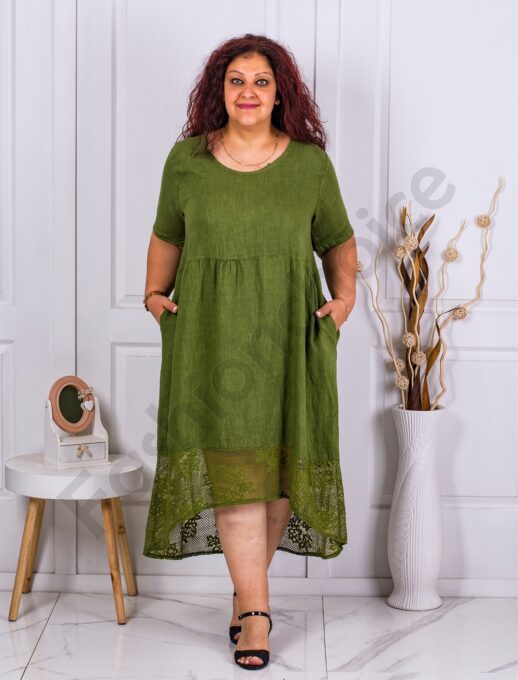 Plus size λινό φόρεμα με δαντέλα στο τελείωμα-λαδί-κωδ 10200-4