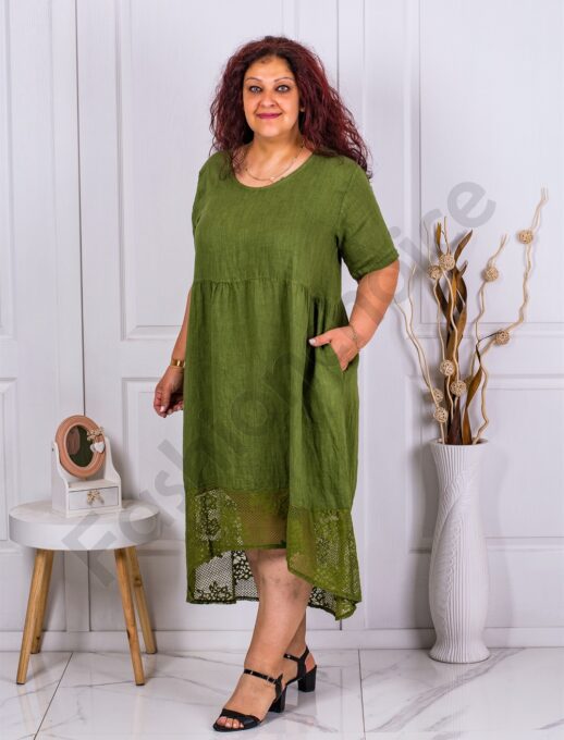 Plus size λινό φόρεμα με δαντέλα στο τελείωμα-λαδί-κωδ 10200-4