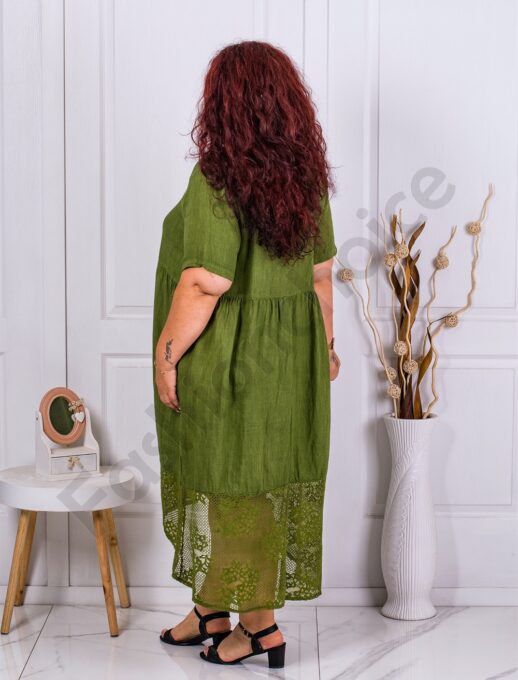 Plus size λινό φόρεμα με δαντέλα στο τελείωμα-λαδί-κωδ 10200-4