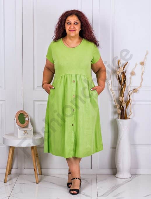 Plus size φόρεμα με διακοσμητικά κουμπιά-λαχανί-κωδ 2991-1