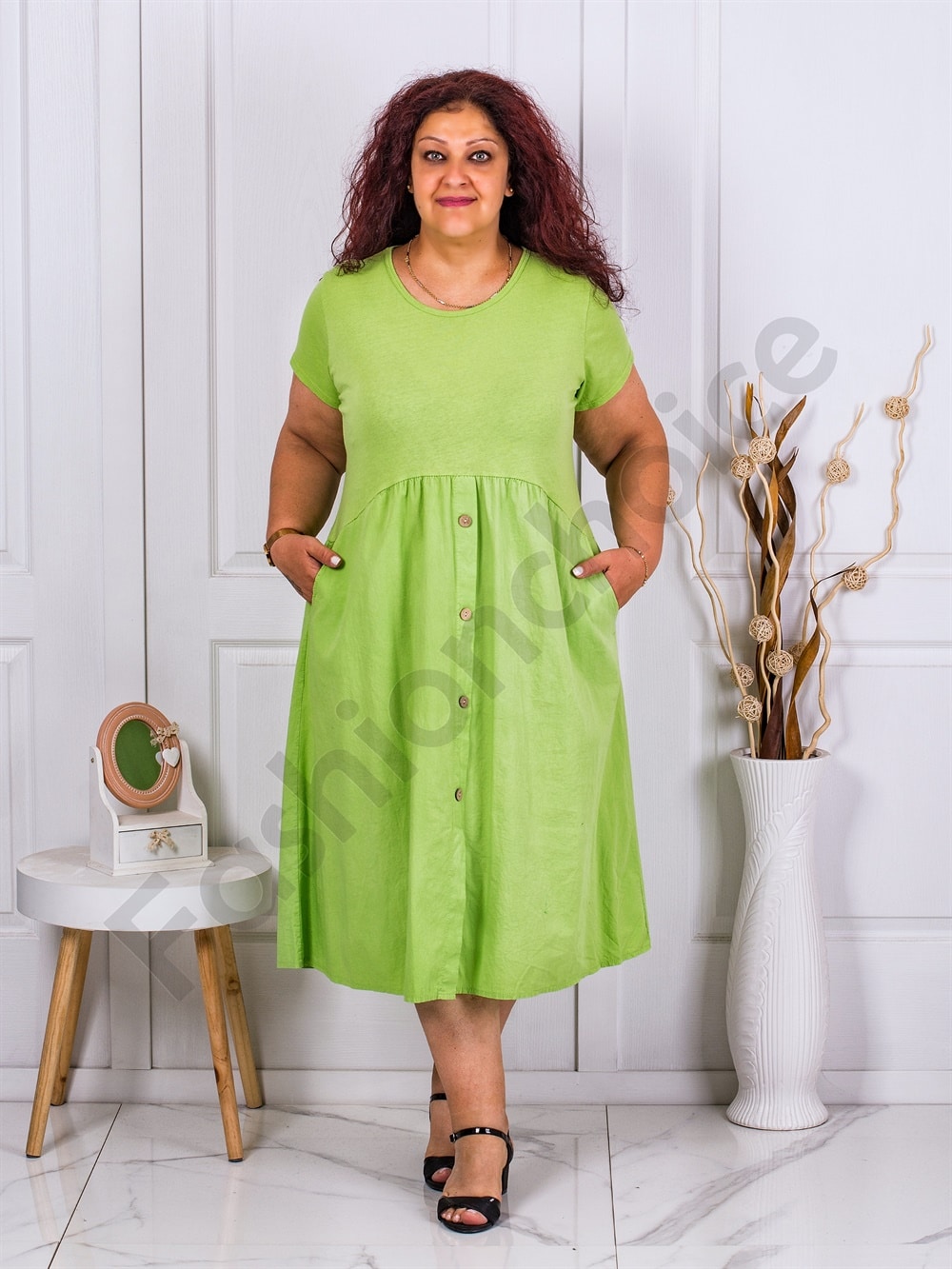 Plus size φόρεμα με διακοσμητικά κουμπιά-λαχανί-κωδ 2991-1