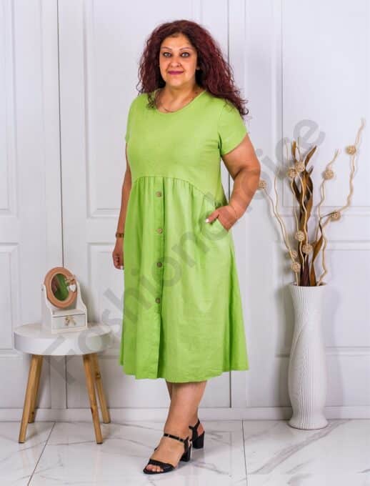 Plus size φόρεμα με διακοσμητικά κουμπιά-λαχανί-κωδ 2991-1
