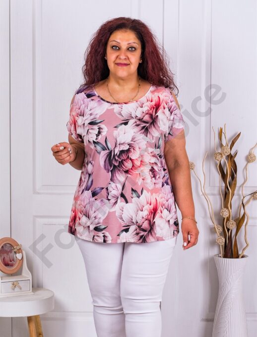 Plus size φλοράλ μπλούζα με ανοίγμα στους ώμους-απαλό ροζ-κωδ 23096-1