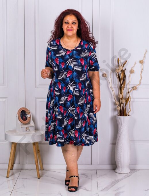 Plus size μπλε φόρεμα με ντεσέν φύλλα-μπλε/λευκό-κωδ 1064-1