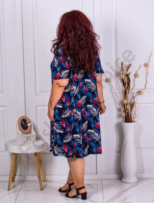 Plus size μπλε φόρεμα με ντεσέν φύλλα-μπλε/λευκό-κωδ 1064-1