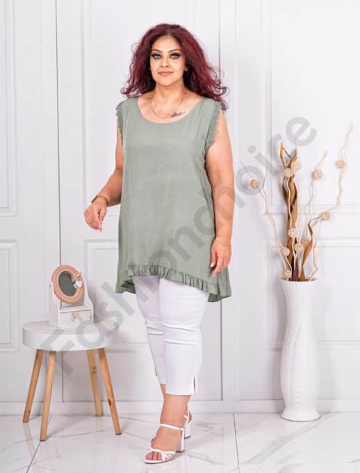 Plus size αμάνικη μπλούζα με δαντέλα-χακί-κωδ 21264-3