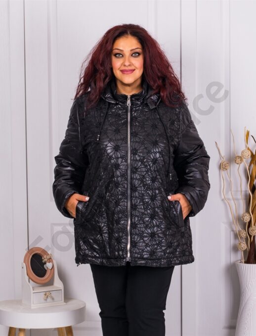 Plus size μπουφάν με κεντημένα λουλούδια-μαύρο-κωδ 62089