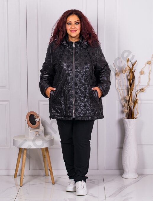 Plus size μπουφάν με κεντημένα λουλούδια-μαύρο-κωδ 62089