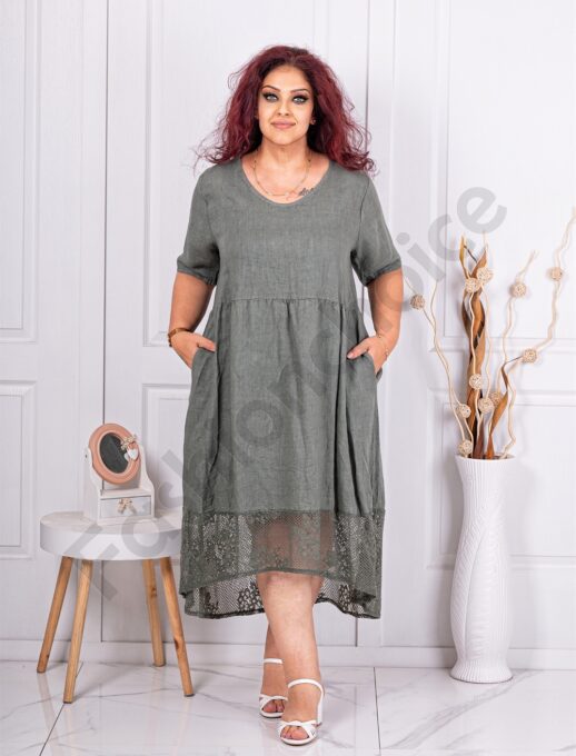 Plus size 100% λινό φόρεμα με δαντέλα στο τελείωμα-χακί-κωδ 10200-1