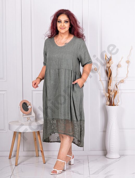 Plus size 100% λινό φόρεμα με δαντέλα στο τελείωμα-χακί-κωδ 10200-1