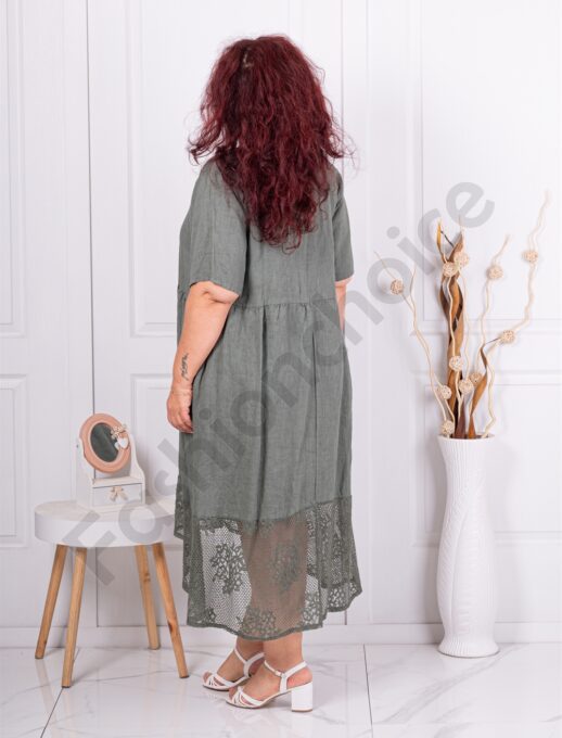 Plus size 100% λινό φόρεμα με δαντέλα στο τελείωμα-χακί-κωδ 10200-1