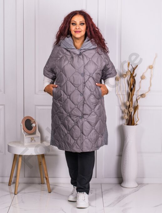 Plus size κοντομάνικο μπουφάν με κουκούλα-γκρι-κωδ 90044