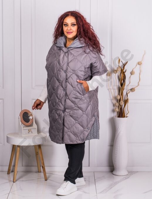 Plus size κοντομάνικο μπουφάν με κουκούλα-γκρι-κωδ 90044