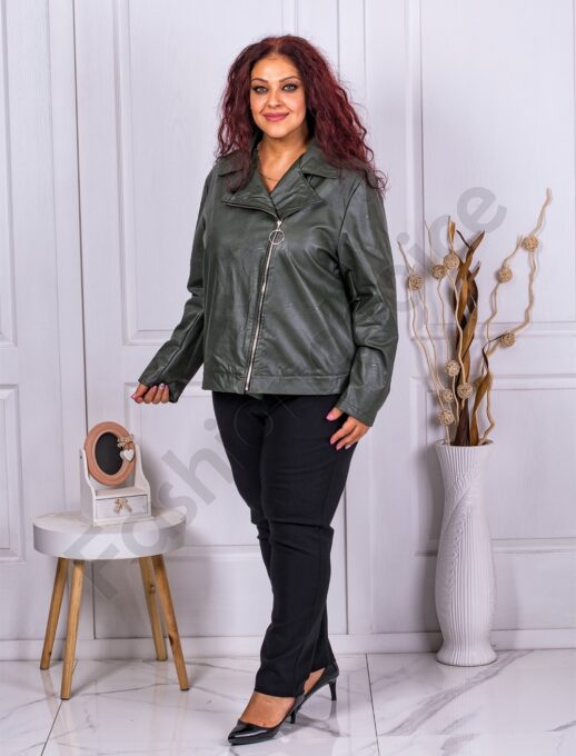 Plus size δερμάτινη ζακέτα με ασύμμετρο φερμουάρ-χακί-κωδ 2736