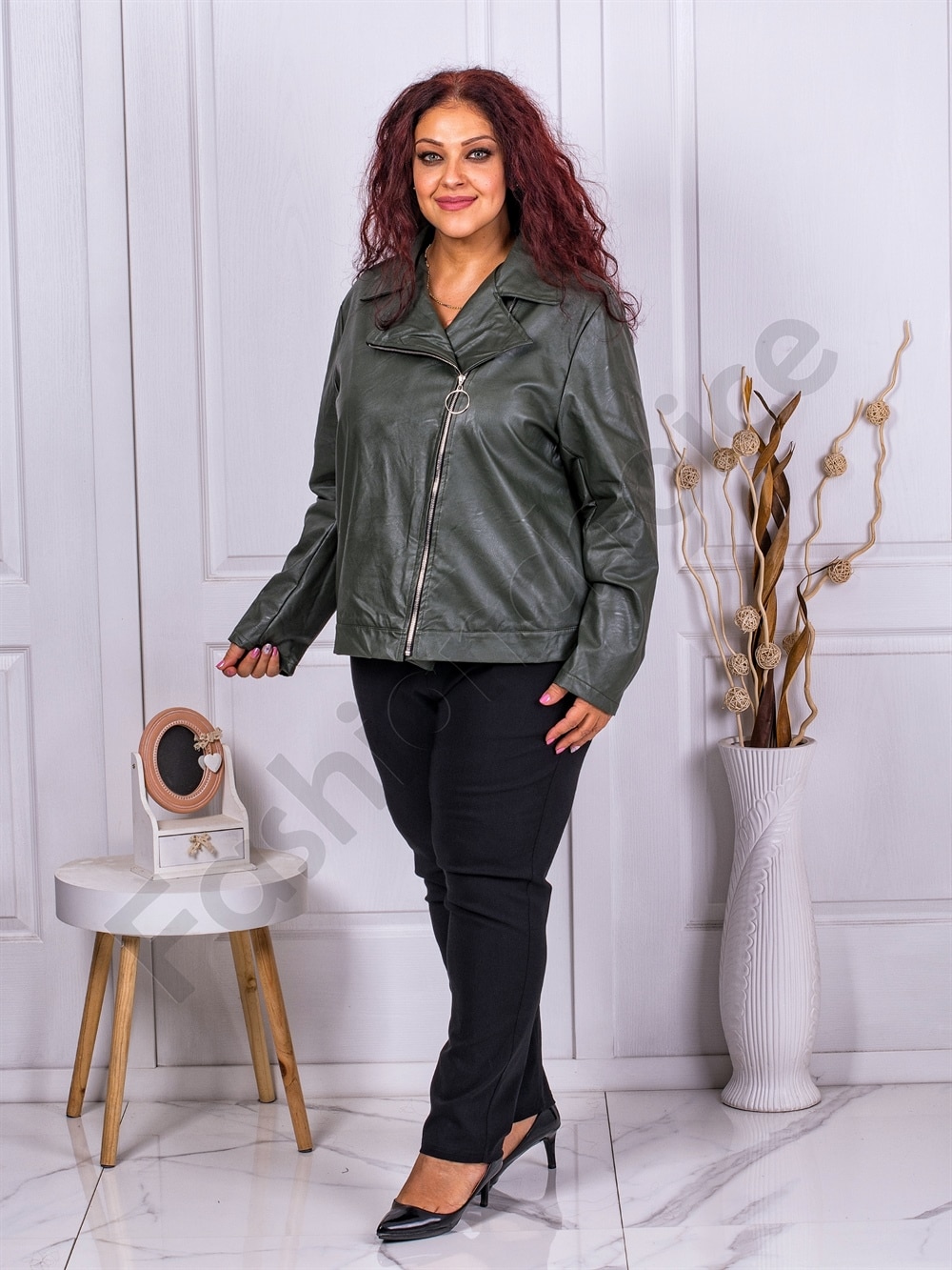 Plus size δερμάτινη ζακέτα με ασύμμετρο φερμουάρ-χακί-κωδ 2736