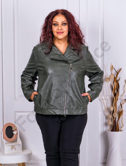 Plus size δερμάτινη ζακέτα με ασύμμετρο φερμουάρ-χακί-κωδ 2736