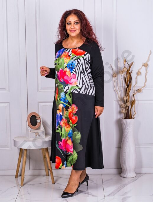 Plus size μαύρο φόρεμα με μεγάλα λουλούδια-κωδ 1379