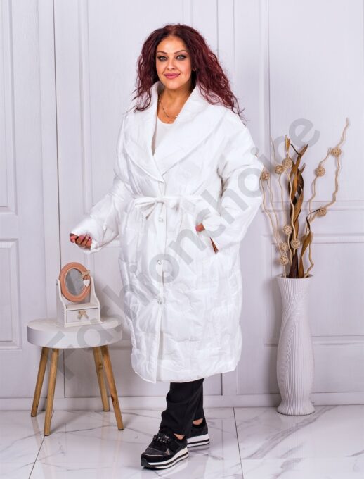 Plus size μακρύ μπουφάν με ζώνη-λευκό-κωδ 71265-1