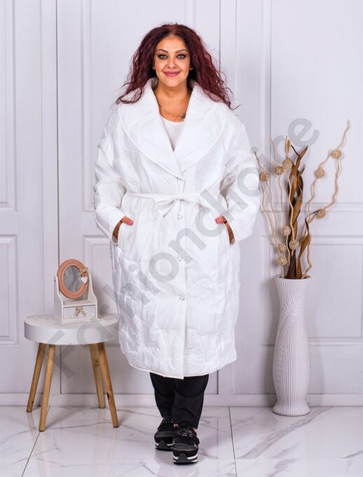Plus size μακρύ μπουφάν με ζώνη-λευκό-κωδ 71265-1