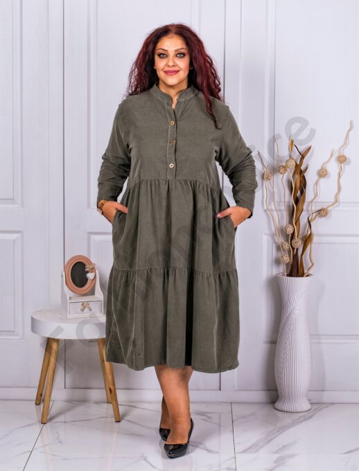 Plus size κοτλέ φόρεμα με βολάν-χακί-κωδ 9863-1