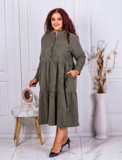 Plus size κοτλέ φόρεμα με βολάν-χακί-κωδ 9863-1