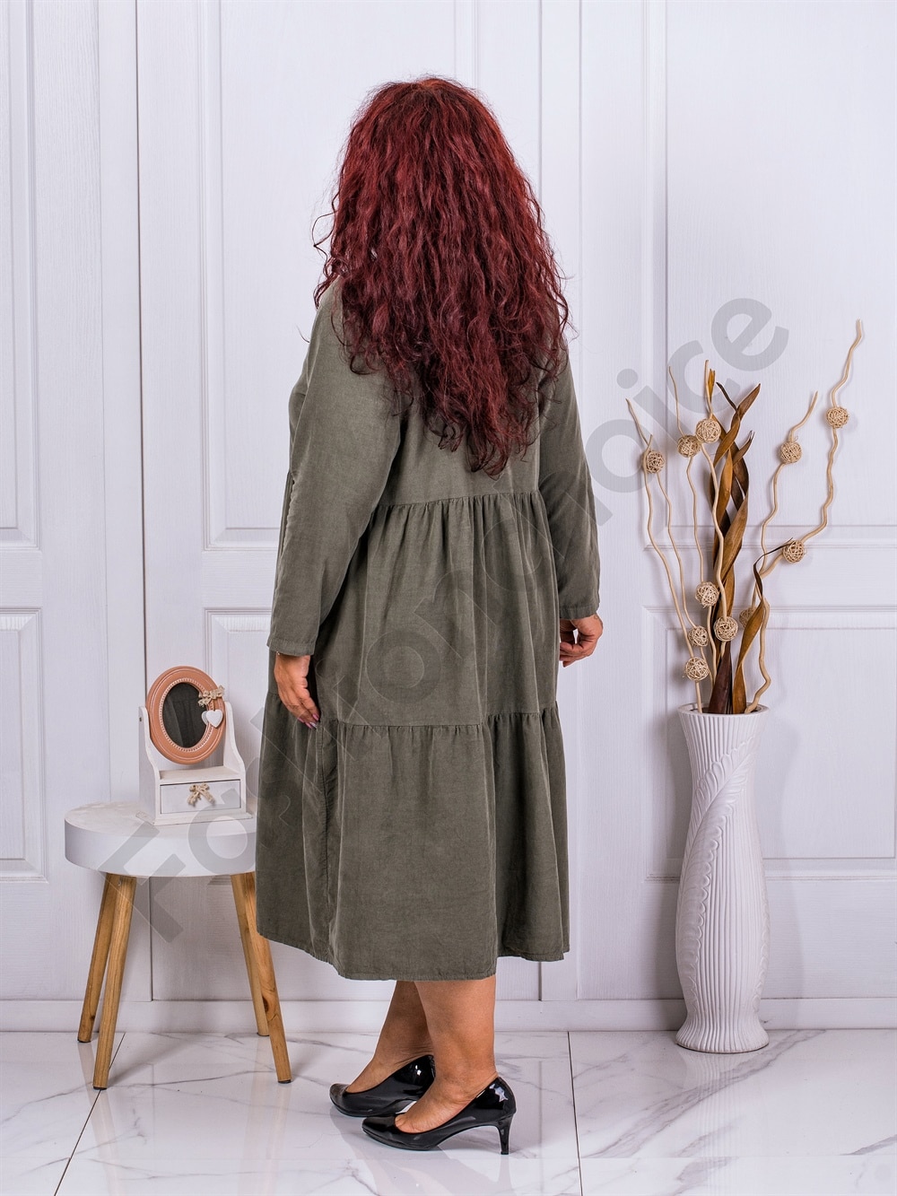 Plus size κοτλέ φόρεμα με βολάν-χακί-κωδ 9863-1