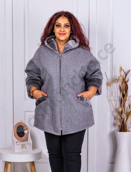Plus size κασμίρ παλτό με κουκούλα και γούνα-γκρι-κωδ 23689-2