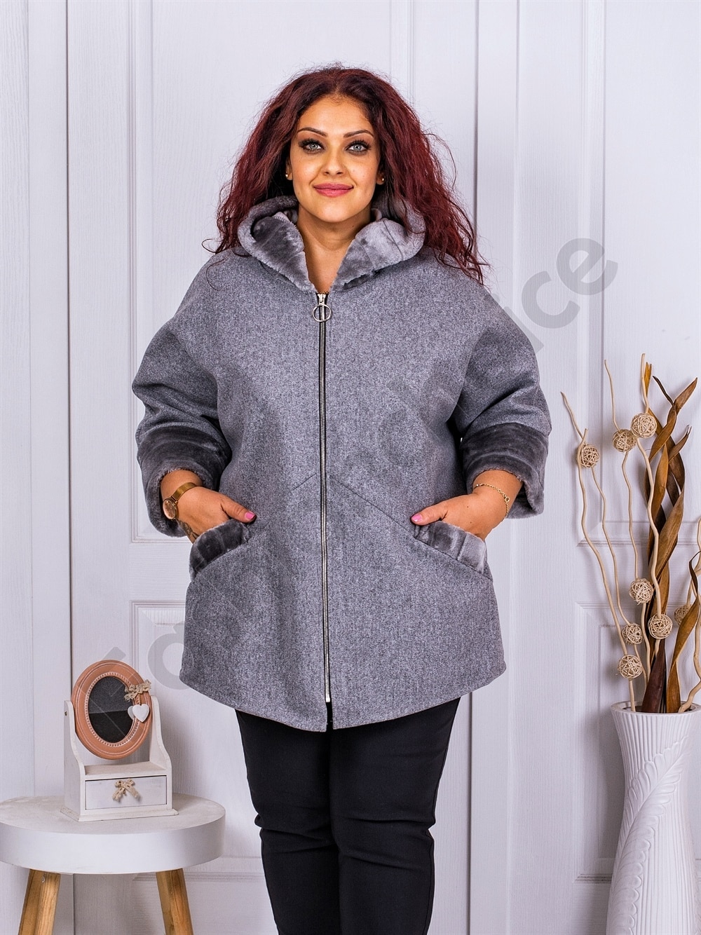 Plus size κασμίρ παλτό με κουκούλα και γούνα-γκρι-κωδ 23689-2