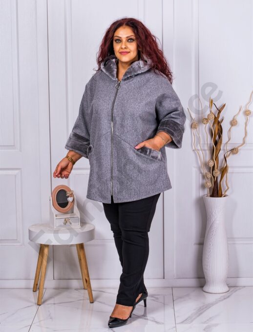 Plus size κασμίρ παλτό με κουκούλα και γούνα-γκρι-κωδ 23689-2
