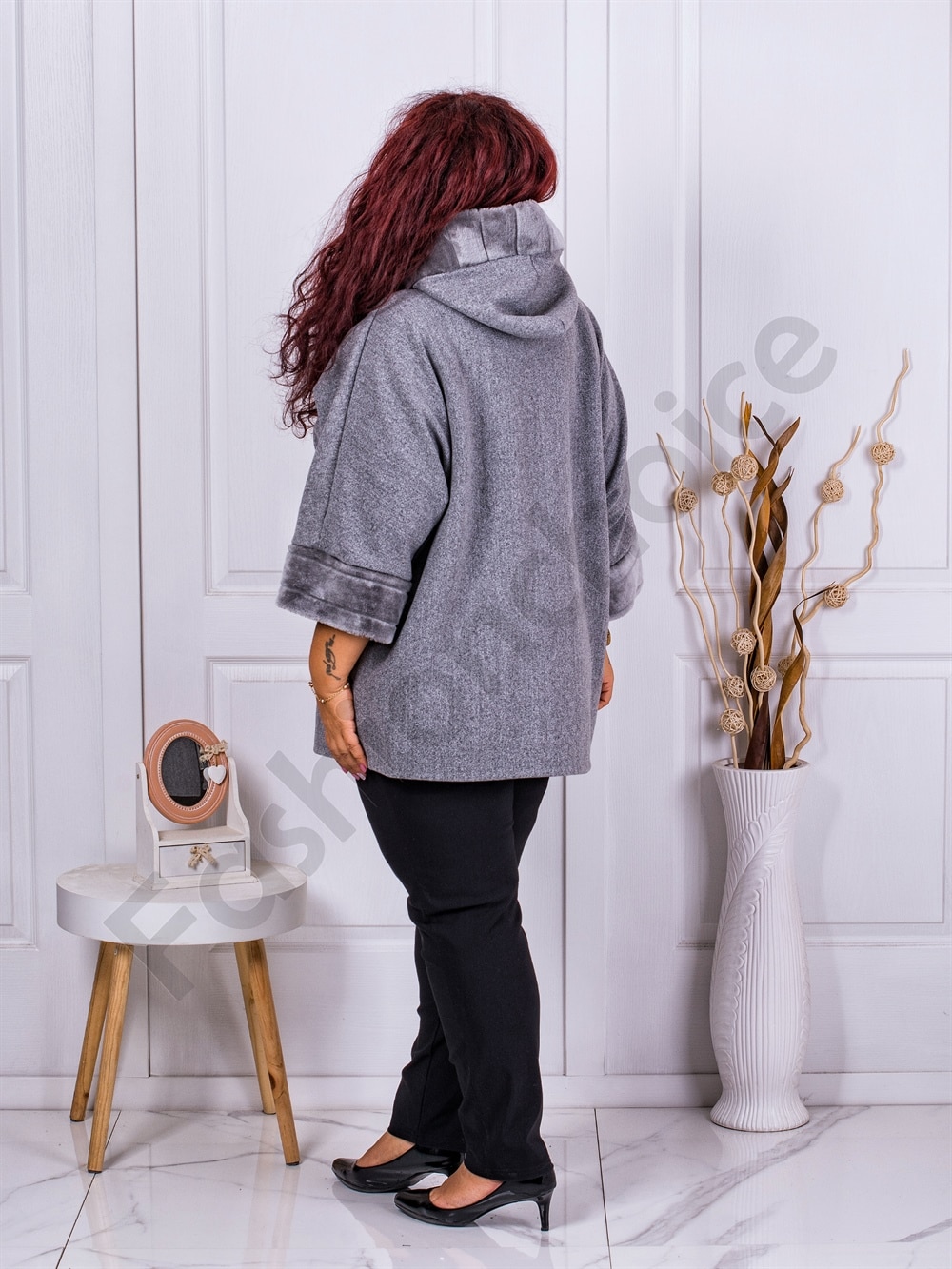 Plus size κασμίρ παλτό με κουκούλα και γούνα-γκρι-κωδ 23689-2