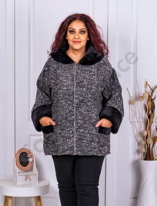 Plus size παλτό με γούνινο γιακά-μαύρο μελανζέ-κωδ 23685