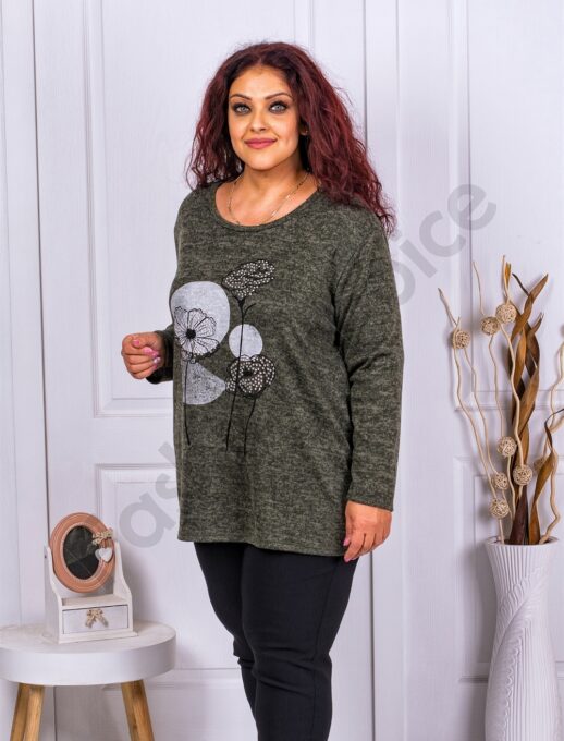 Plus size πλεκτή μπλούζα με σχέδιο και στρας-χακί-κωδ 9815-2