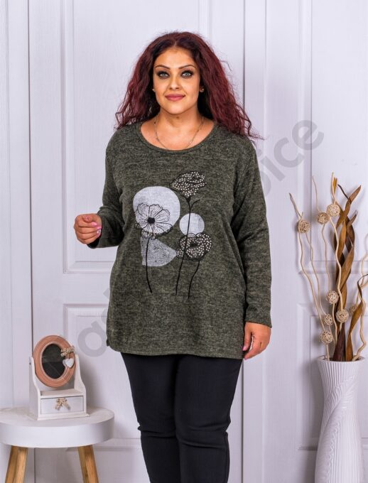 Plus size πλεκτή μπλούζα με σχέδιο και στρας-χακί-κωδ 9815-2