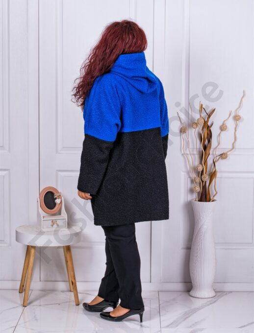Plus size δίχρωμο μπουκλέ παλτό-μπλε ρουά-κωδ 23216-3