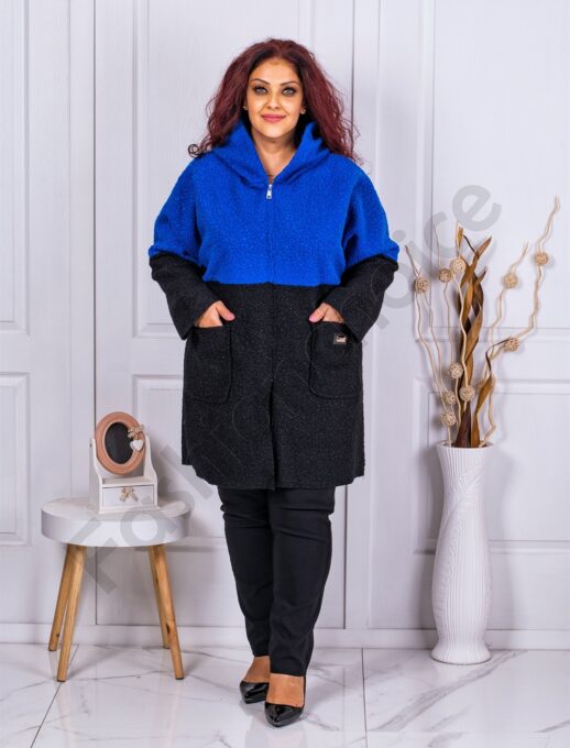 Plus size δίχρωμο μπουκλέ παλτό-μπλε ρουά-κωδ 23216-3