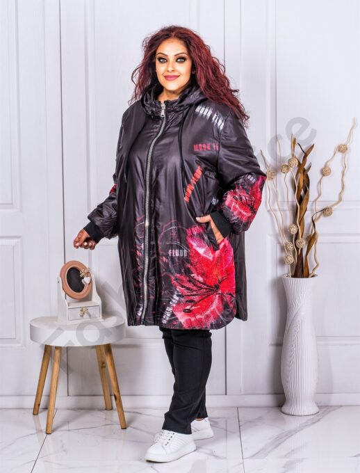 Plus size μίντι μπουφάν με κόκκινα λουλούδια-κωδ 62002