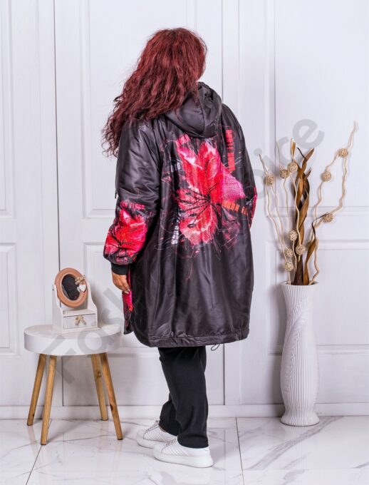 Plus size μίντι μπουφάν με κόκκινα λουλούδια-κωδ 62002