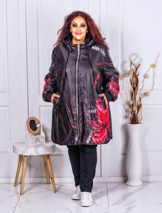 Plus size μίντι μπουφάν με κόκκινα λουλούδια-κωδ 62002
