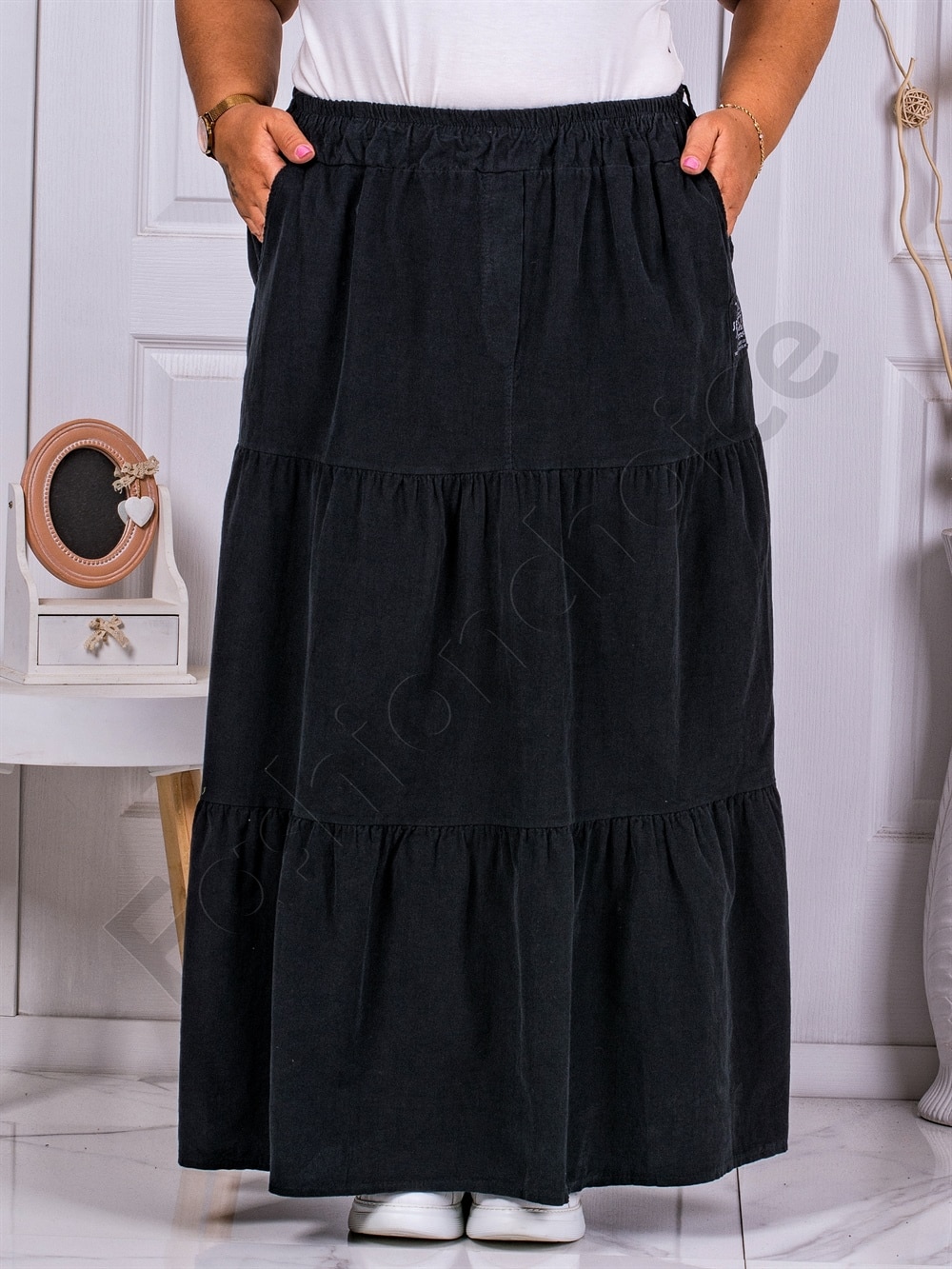 Plus size maxi κοτλέ φούστα με βολάν-μαύρο-κωδ 3160