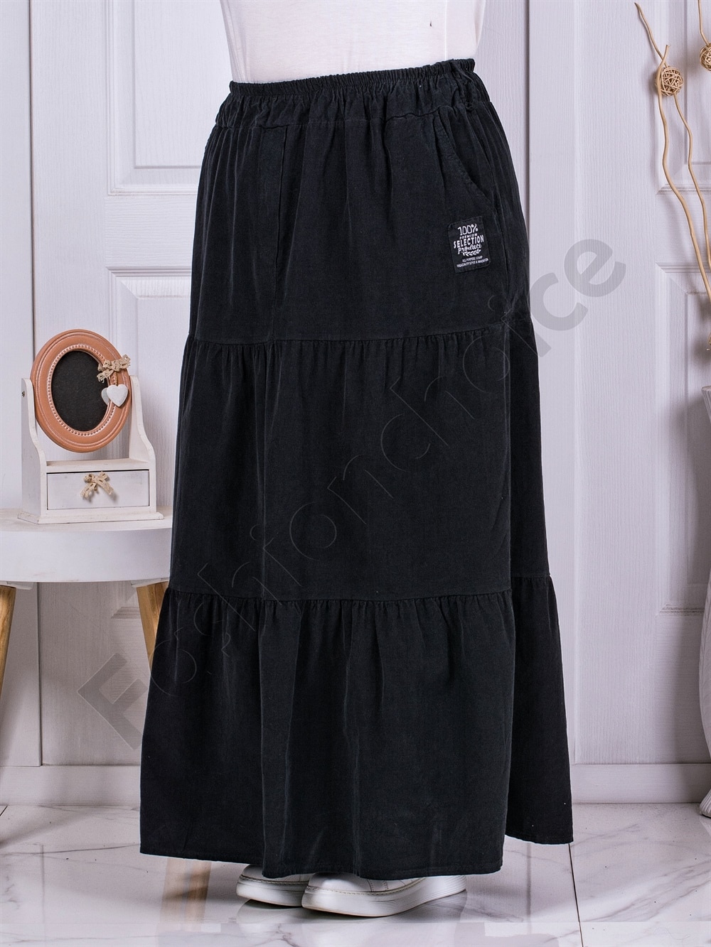 Plus size maxi κοτλέ φούστα με βολάν-μαύρο-κωδ 3160