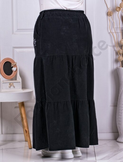 Plus size maxi κοτλέ φούστα με βολάν-μαύρο-κωδ 3160