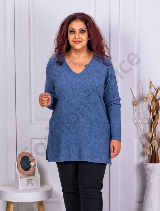 Plus size πλεκτή μπλούζα με V λαιμόκοψη-μπλε ανοιχτό-κωδ 23697-8
